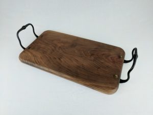Molded walnut serving tray with forged iron handles