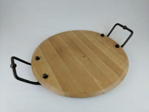 Whiskey barrel lid serving tray with hand forged iron handles